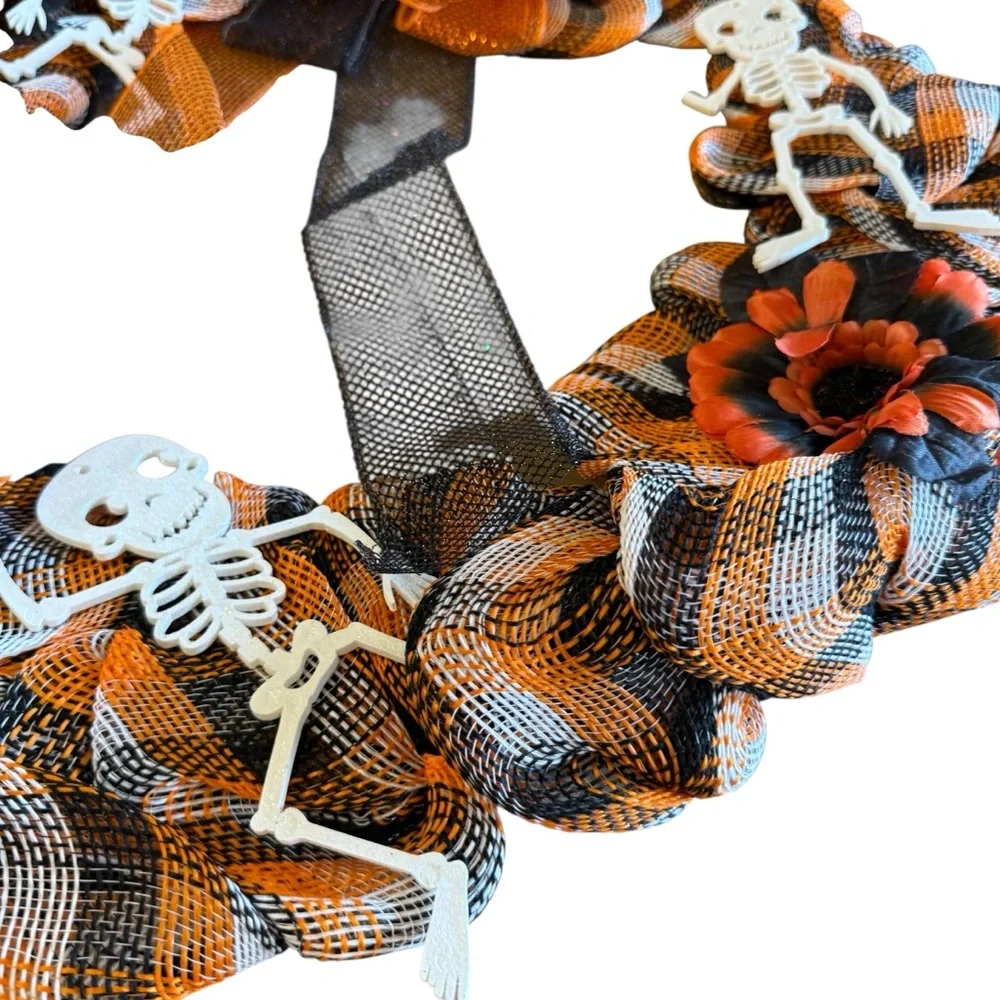 Halloween Mesh Wreath with Plaid Ribbon, Flowers & Cute Skeletons – 23″